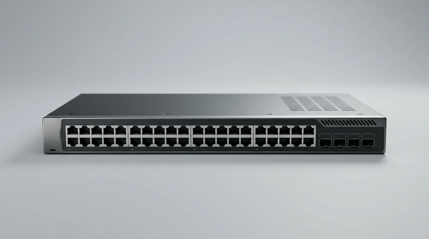 Business network switch in Saudi Arabia showing enterprise LAN connectivity and PoE networking setup